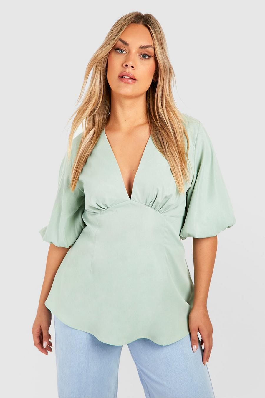 Sage Plus Woven Puff Sleeve V Neck Smock Top