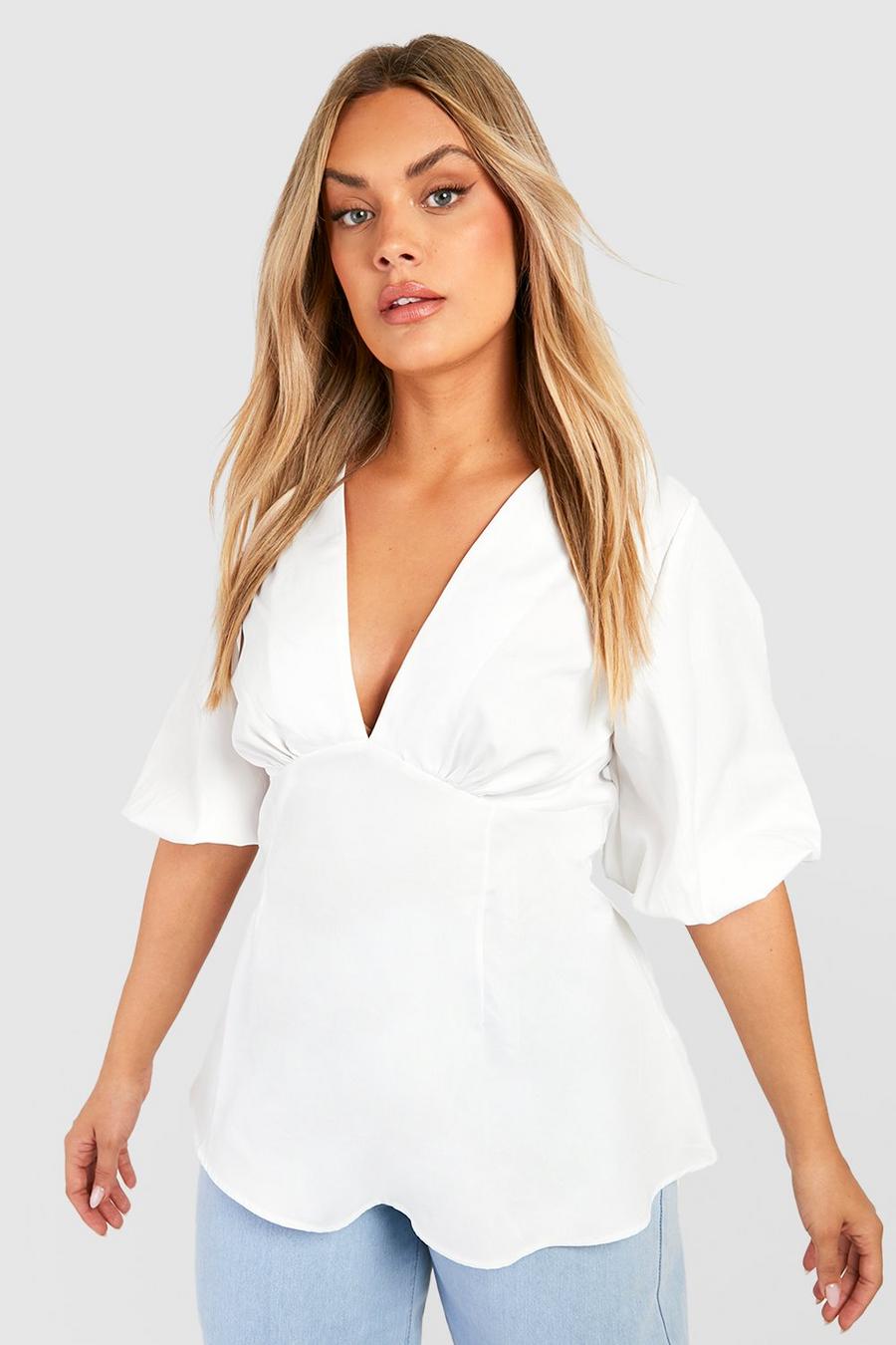 White Plus Woven Puff Sleeve V Neck Smock Top image number 1