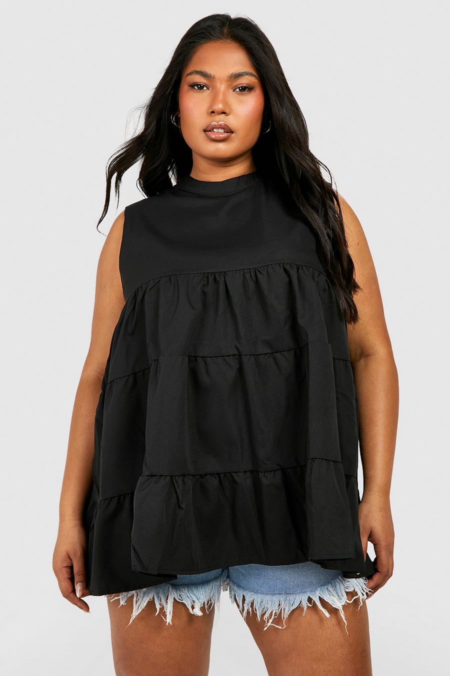 Black Plus Woven Sleeveless Tiered Smock Top image number 1