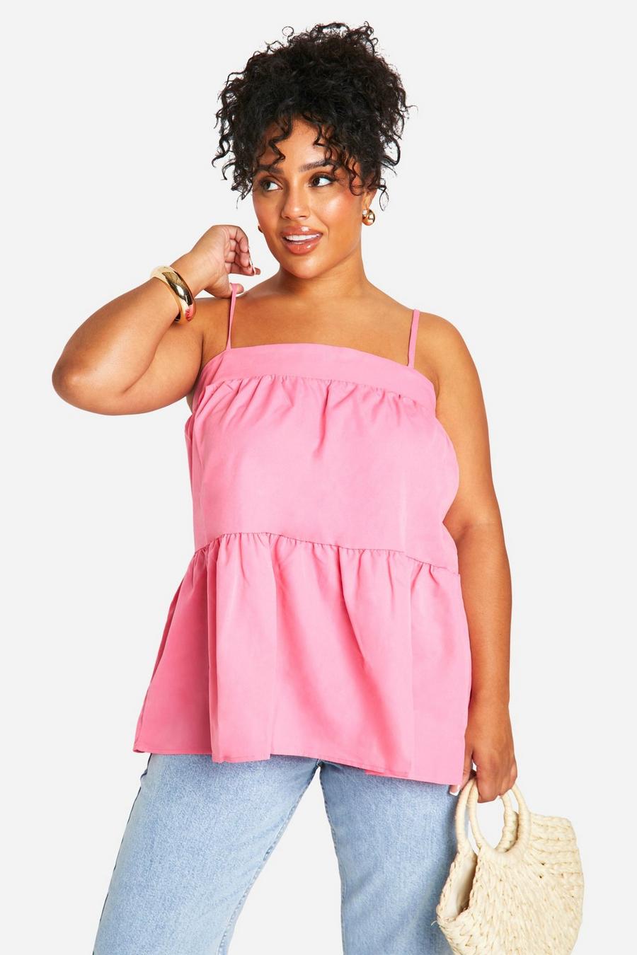 Candy pink Plus Woven Square Neck Teired Cami Top image number 1
