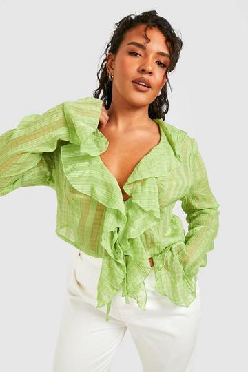 Plus Textured Ruffle Tie Detail Cropped Blouse Top green
