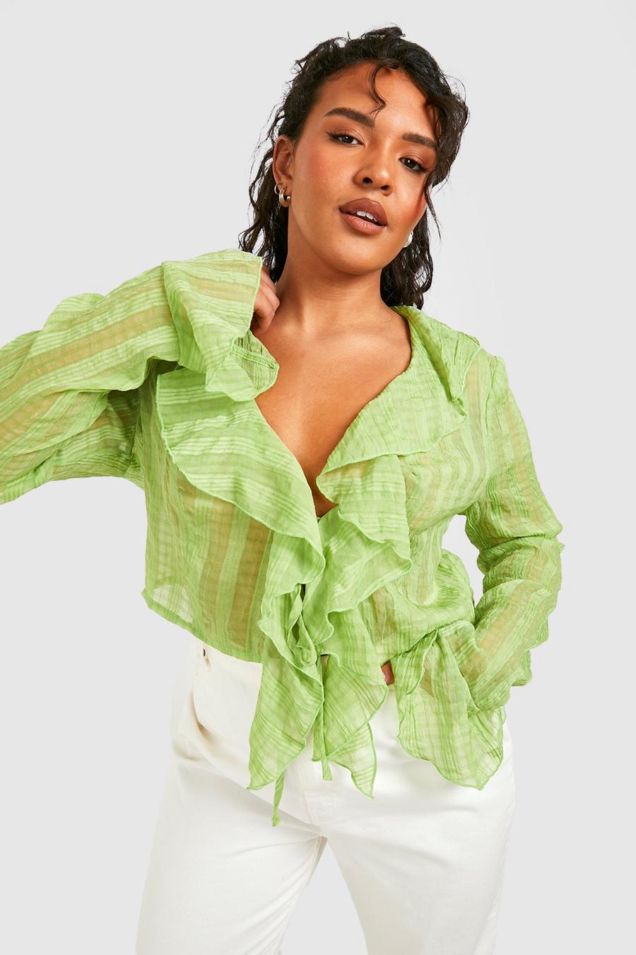 Green Plus Textured Ruffle Tie Detail Cropped Blouse Top image number 1