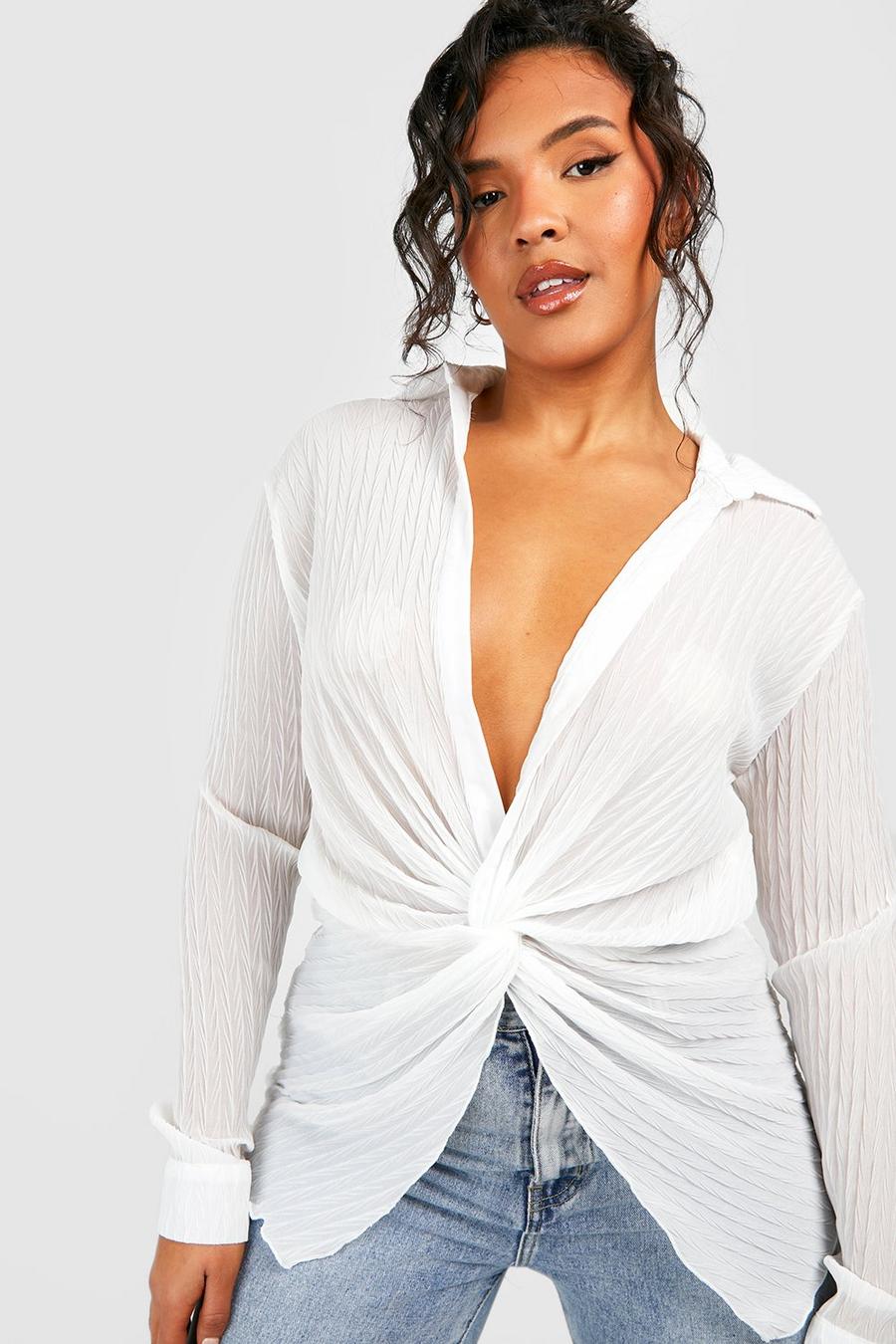 Camicia lunga Plus Size in chiffon semi-trasparente plissettato con dettagli attorcigliati, Ivory