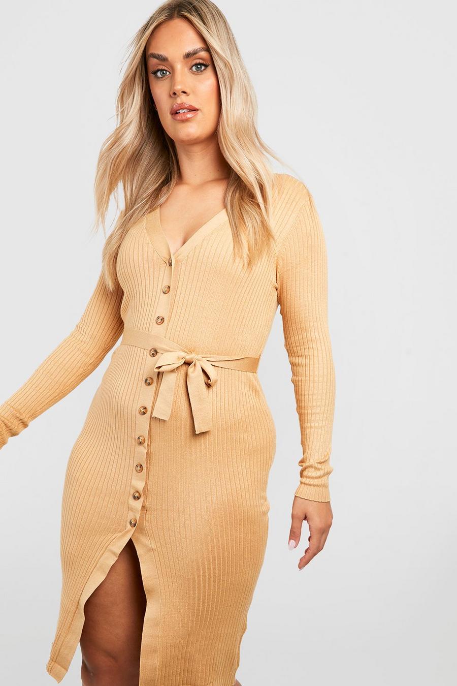 Camel beis Plus Knitted Belted Midi Jumper Dress 