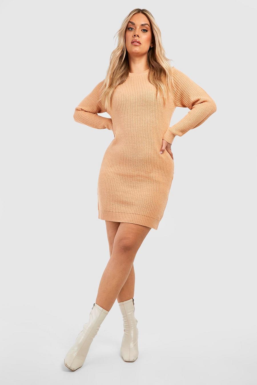 Camel beige Plus Knitted Crew Neck Sweater Dress image number 1