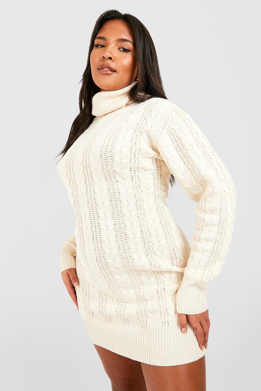 Cream white Plus Cable Knit Roll Neck Jumper Dress image number 1