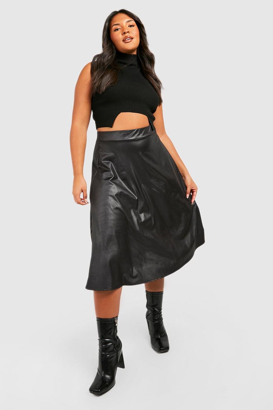 Black negro Plus Pu Midi Skater Skirt image number 1