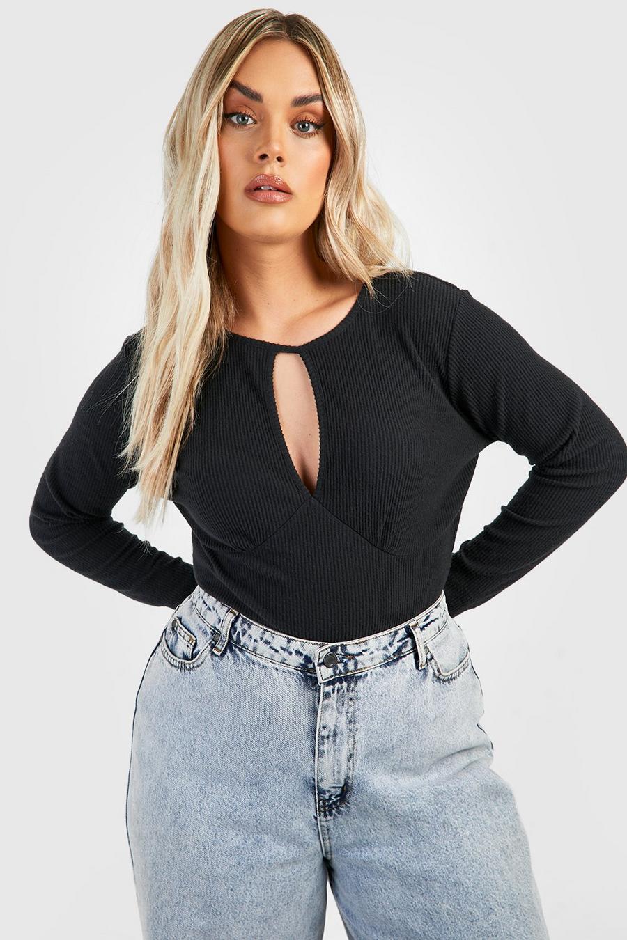 Top Plus Size a coste spazzolate con asole, Black image number 1