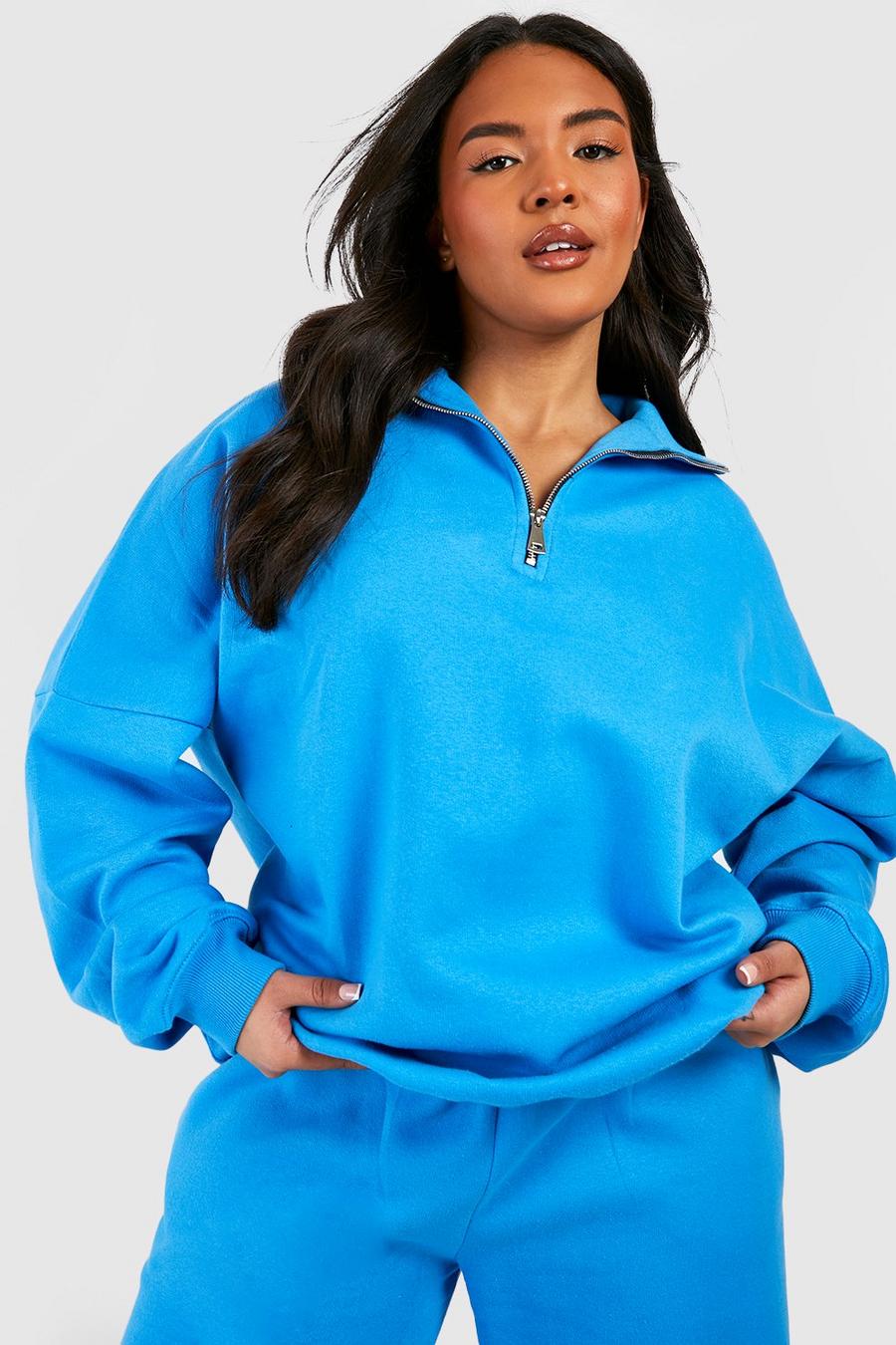 Plus Oversized Half Zip Sweatshirt, Blue azzurro
