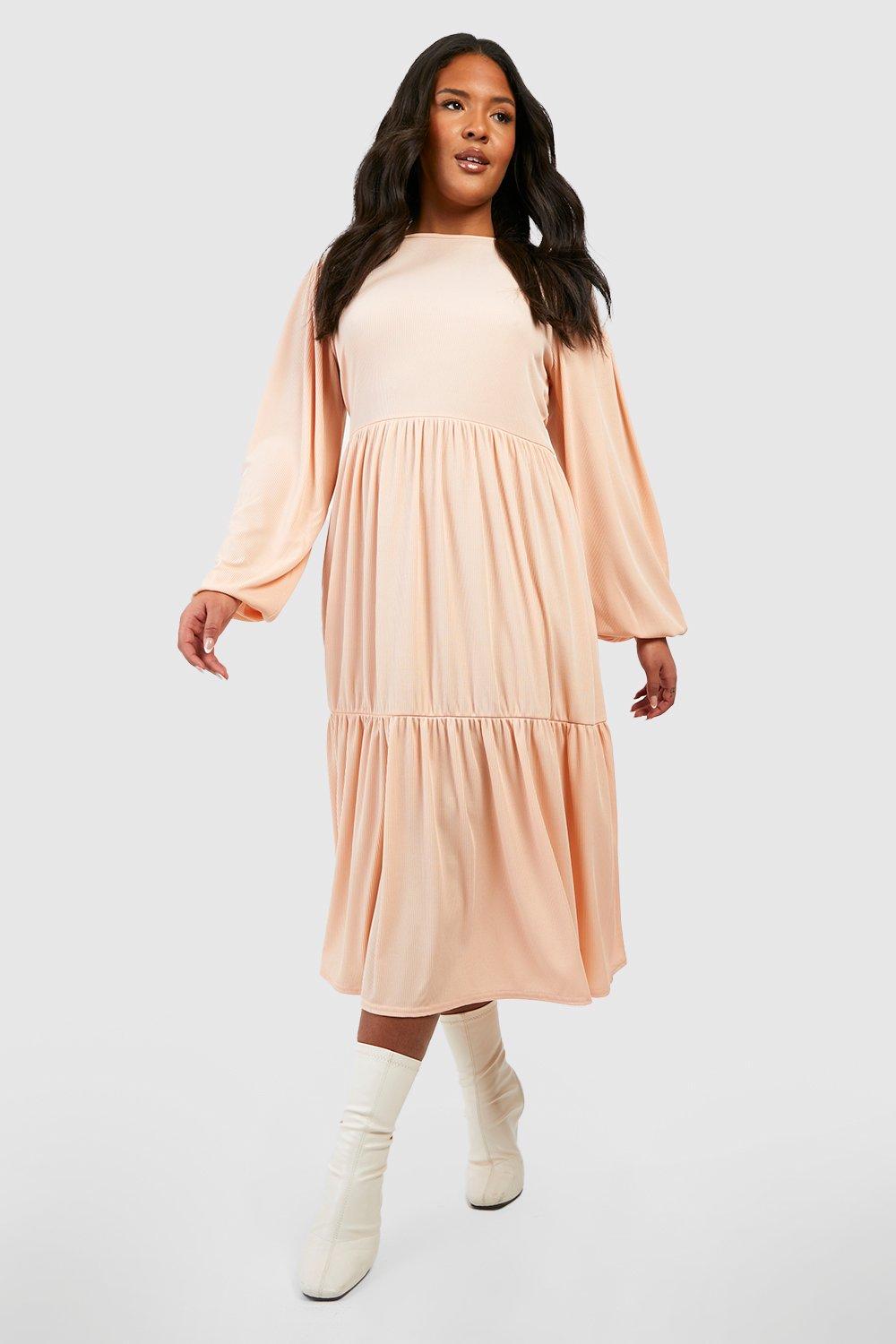 Women's Plus Rib Tiered Midi Smock Dress | Boohoo UK