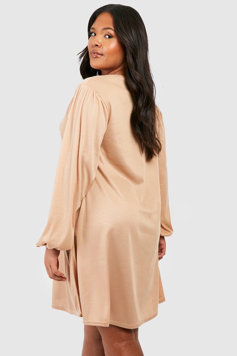 Plus Rib Blouson Sleeve Swing Dress | boohoo