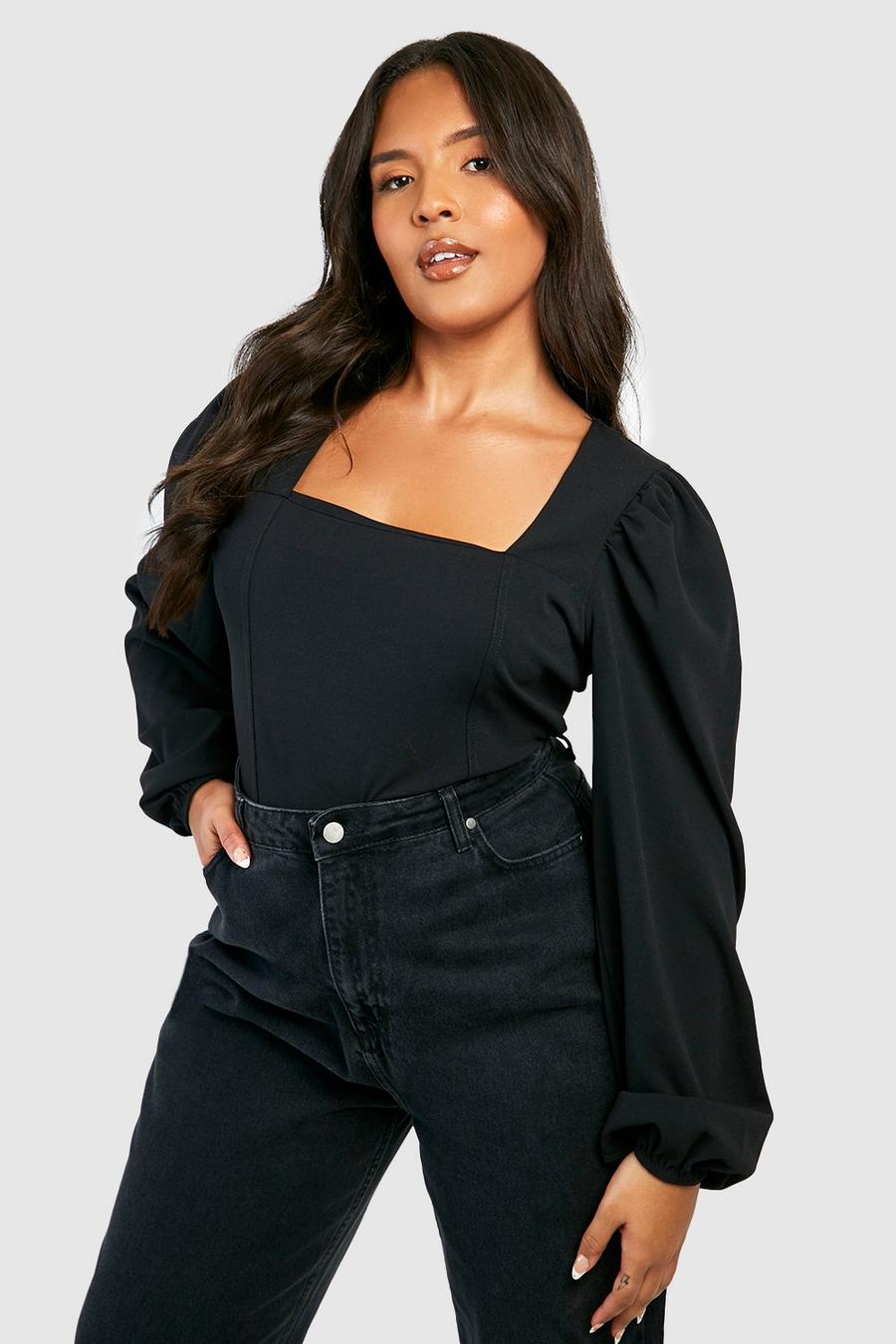 Black Plus Square Neck Long Sleeve Corset Top image number 1