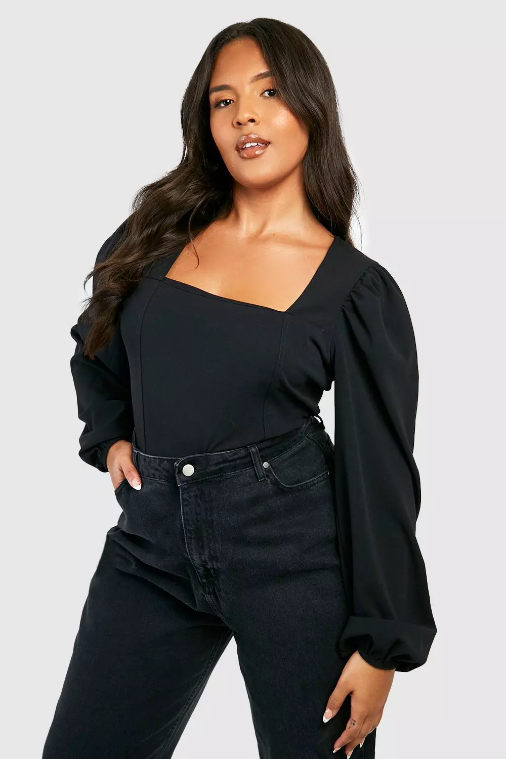 Plus Square Neck Long Sleeve Corset Top