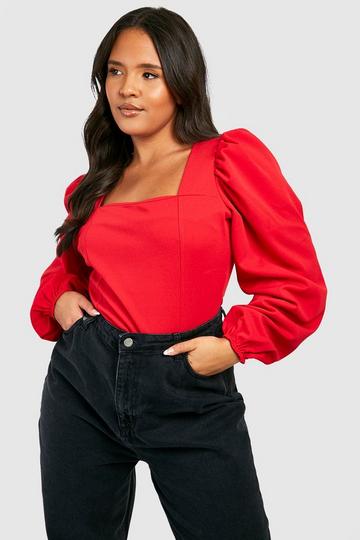 Plus Square Neck Long Sleeve Corset Top red
