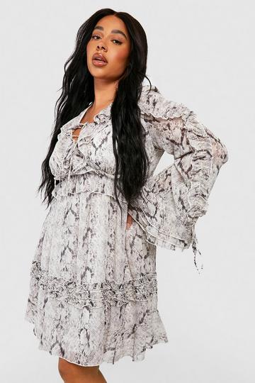 Plus Snake Printed Chiffon Ruffle Smock Dress snake