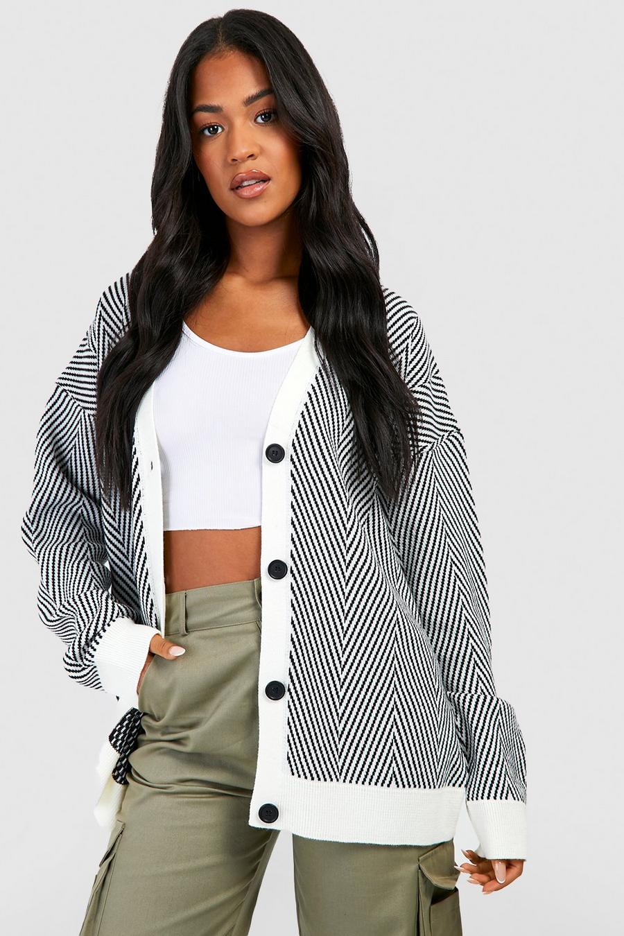Ecru Tall Stripe Oversized Knitted Cardigan image number 1
