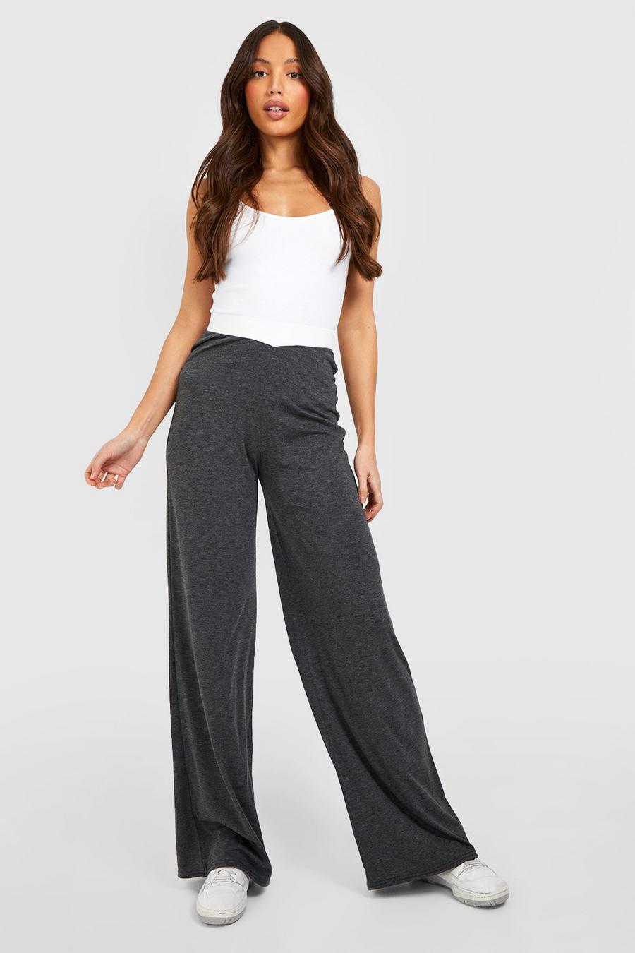 Charcoal Tall Contrast Waistband Relaxed Wide Leg Trousers image number 1