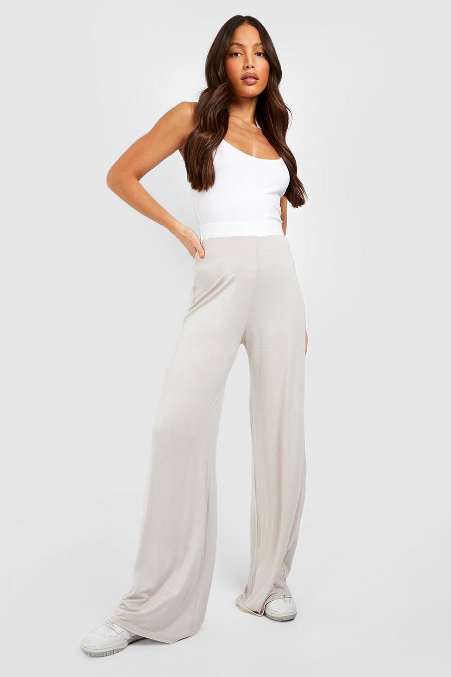 Stone beis Tall Contrast Waistband Relaxed Wide Leg Trousers