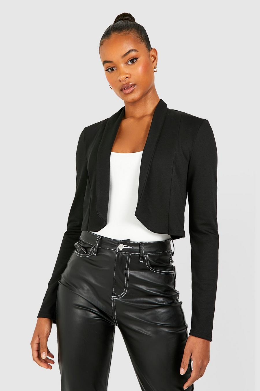 Black Tall Basic Jersey Lapel Cropped Blazer image number 1