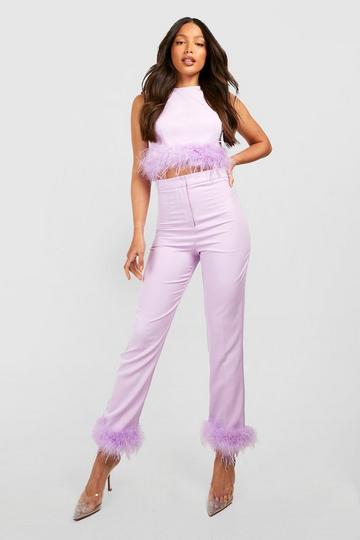 Lilac Purple Tall Premium Cigarette Fluffy Feather Trim Trouser