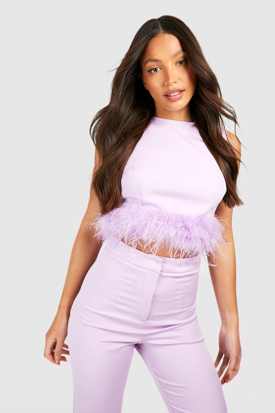Tall flauschiges Premium Crop Top mit Feder-Detail, Lilac image number 1