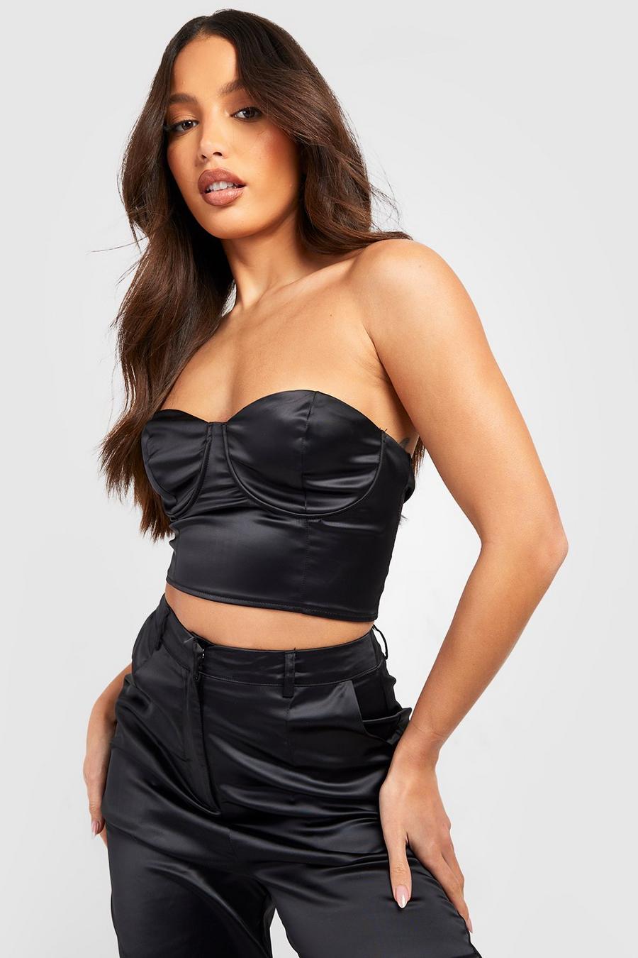 Black Tall Premium Hammered Satin Cropped Corset Top image number 1