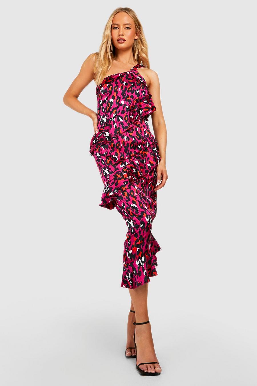 Pink Tall Leopard One Shoulder Asymmetric Ruffle Satin Midi Dress image number 1