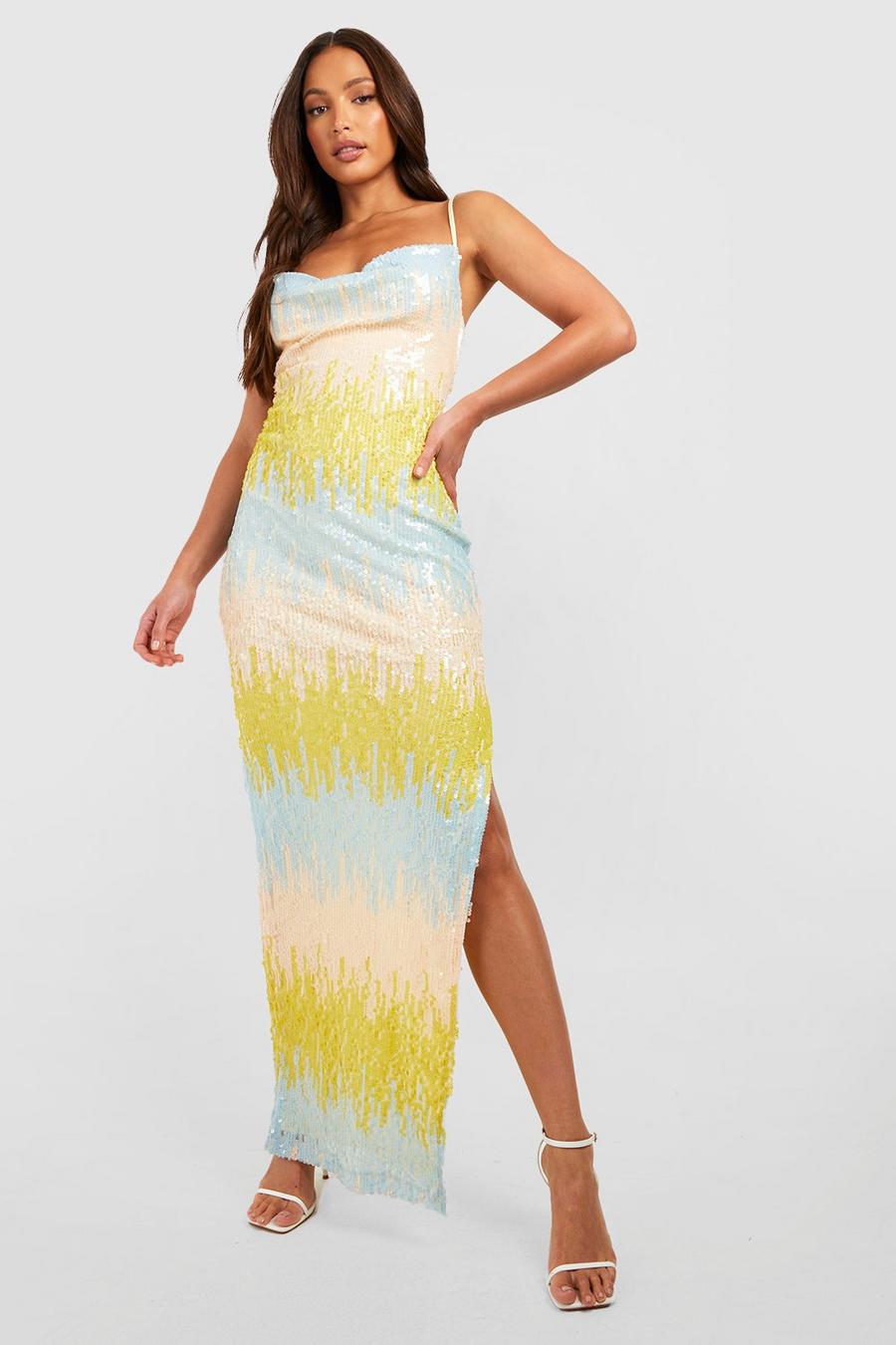 Yellow Tall Ombre Sequin Cowl Neck Maxi Slip Dress image number 1