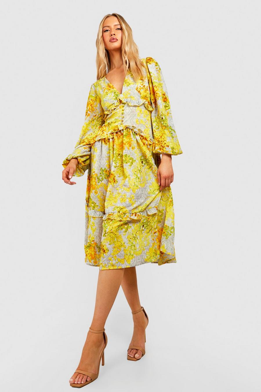 Yellow Tall Floral Ruffle Waist Detail Midi Dress image number 1