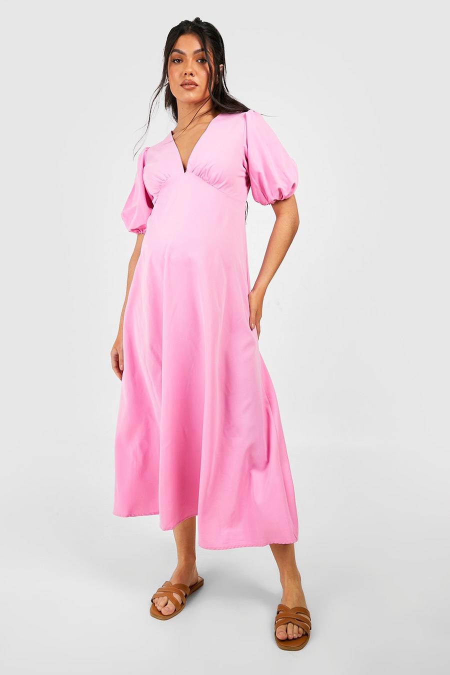 Pink Maternity Woven Puff Sleeve Midaxi Dress