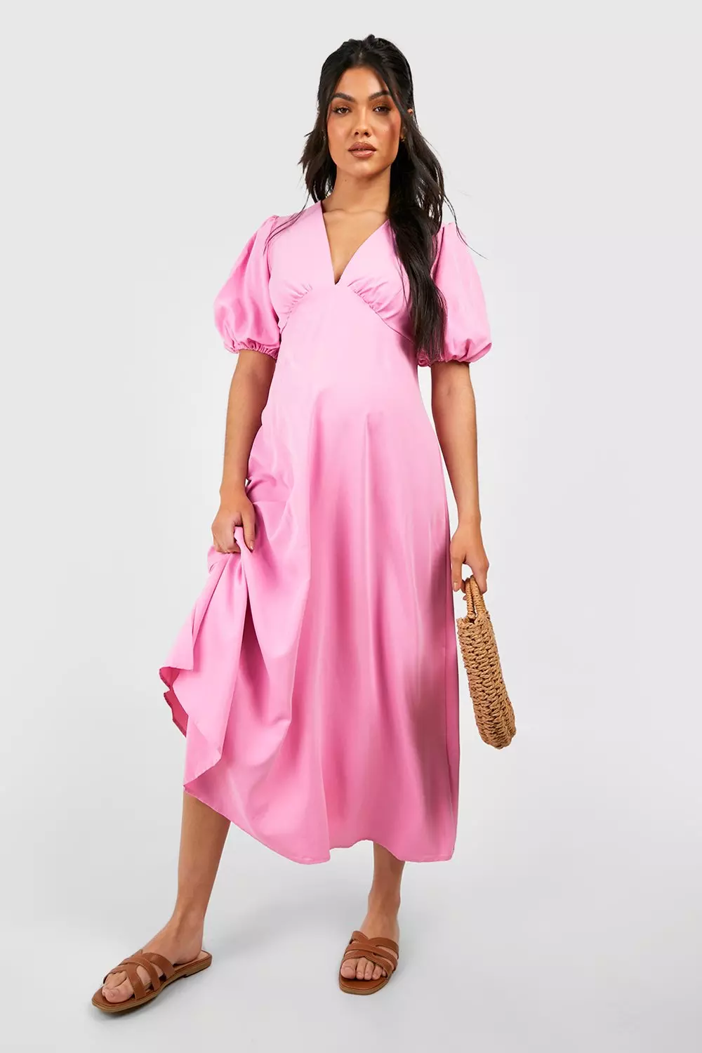 Pink Maternity Woven Puff Sleeve Midaxi Dress alternative image