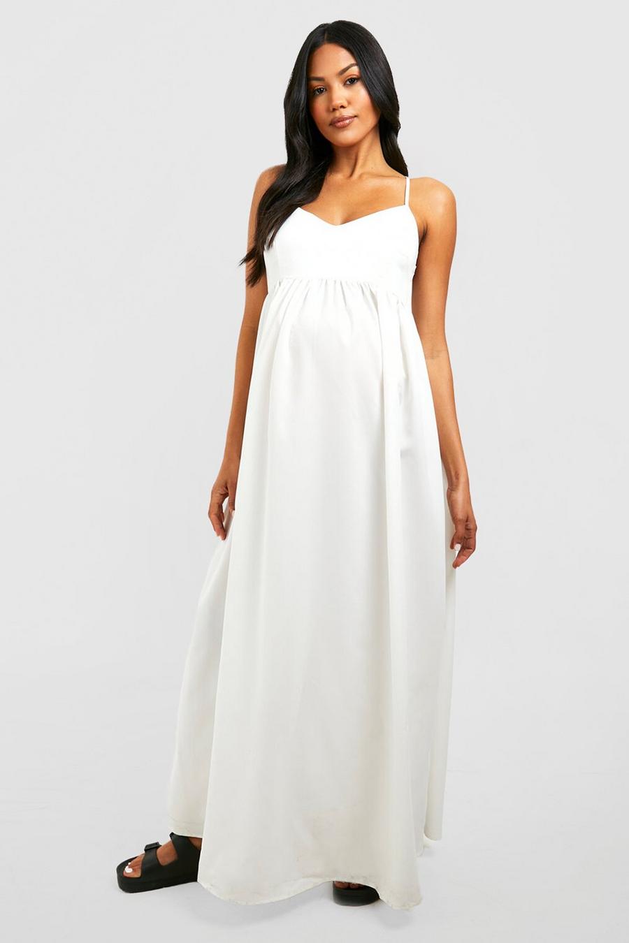 White Maternity Woven Strappy Midi Dress