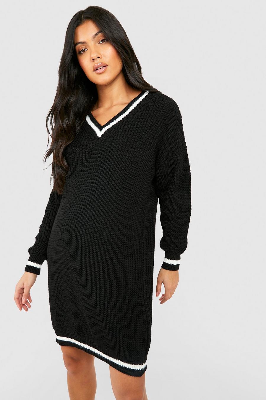 Black Maternity V Neck Knitted Jumper Dress image number 1