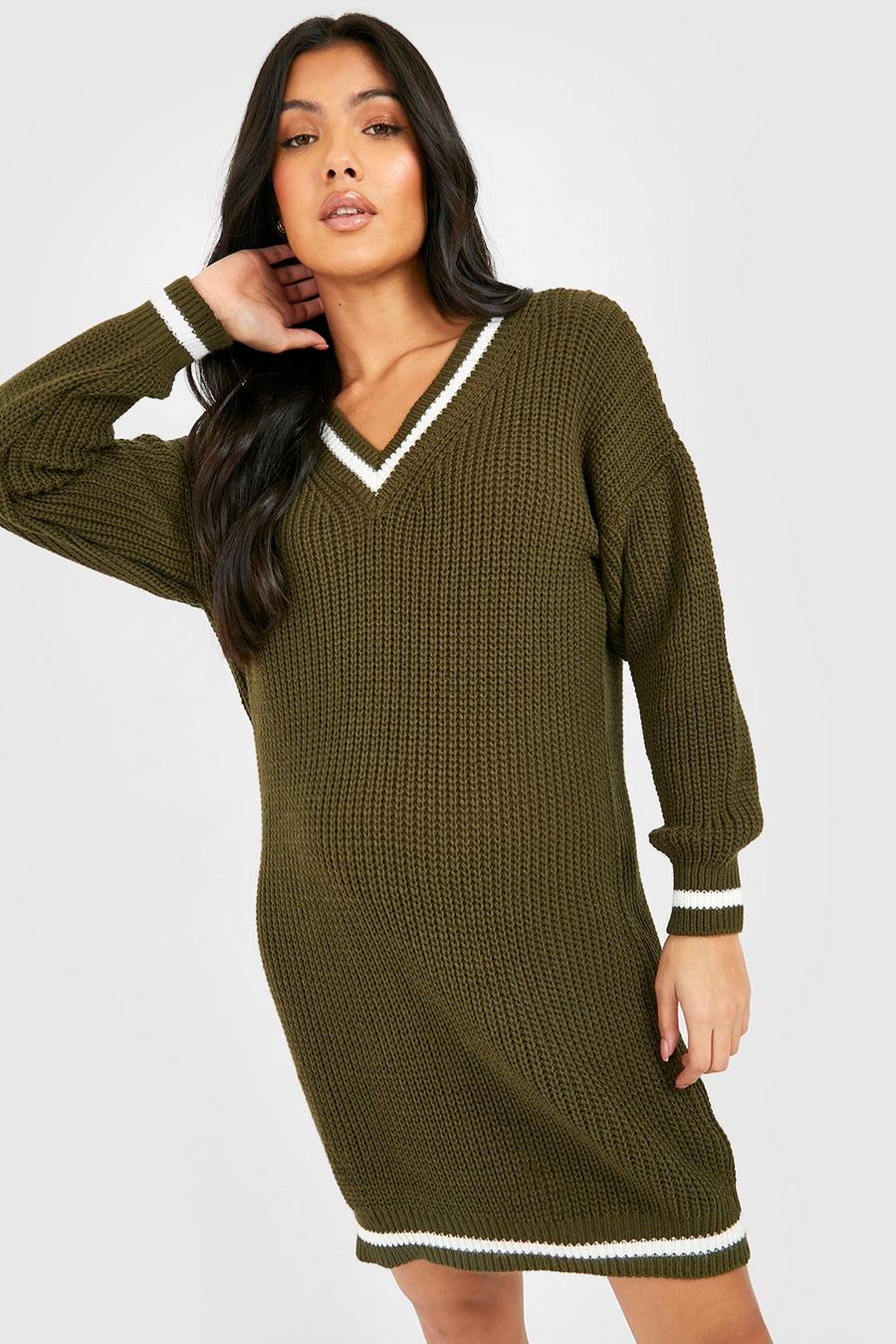 Khaki Maternity V Neck Knitted Sweater Dress image number 1
