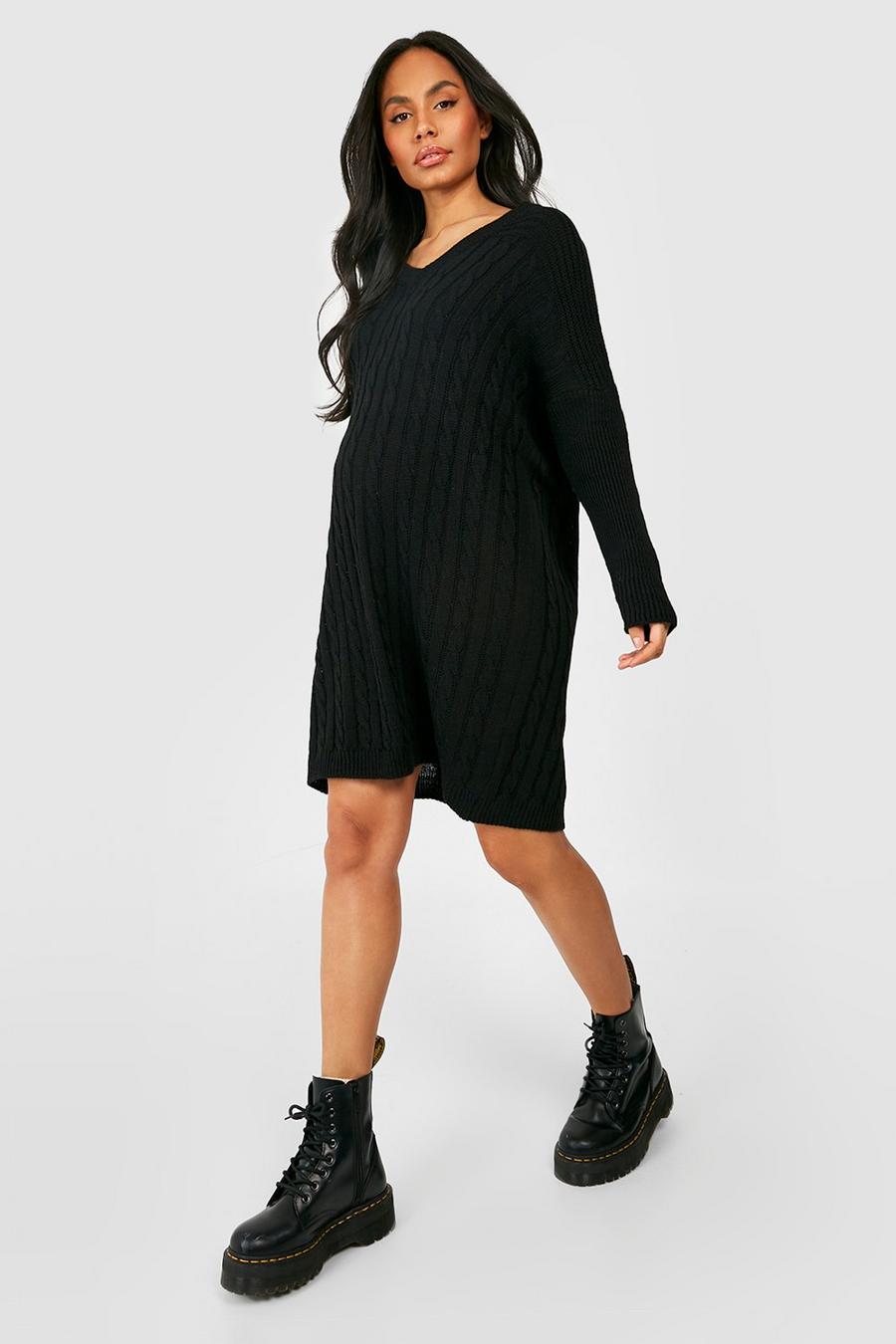Black Maternity V Neck Knitted Swing Sweater Dress