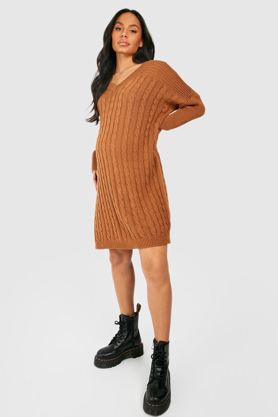 Chocolate Maternity V Neck Knitted Sweater Dress image number 1
