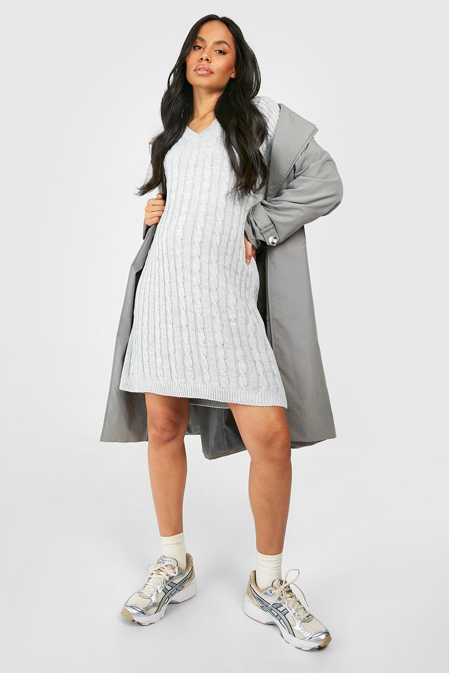 Grey Maternity V Neck Knitted Swing Sweater Dress