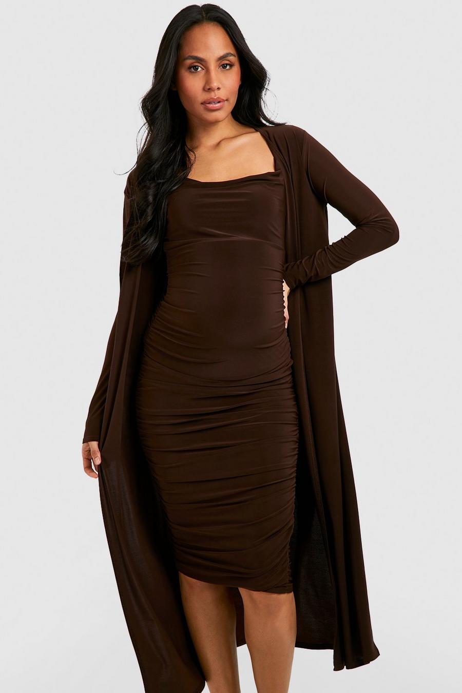 Umstandsmode Kleid mit Wasserfallausschnitt & Duster-Mantel, Chocolate image number 1
