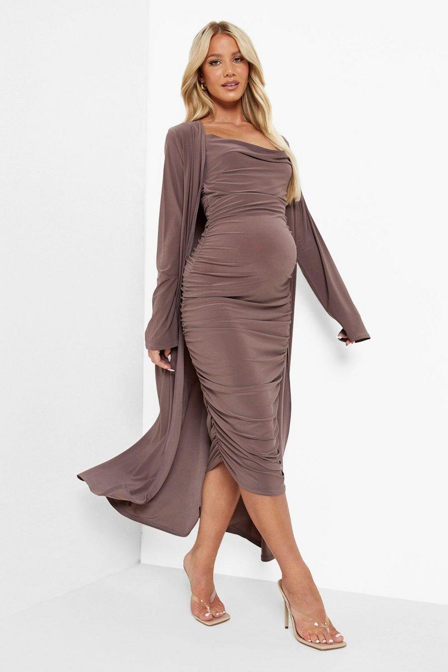Mocha beige Maternity Strappy Cowl Dress And Duster Coat image number 1