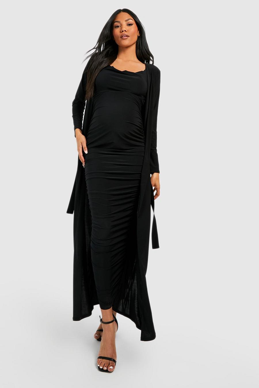 Black Maternity Maxi Strappy Cowl Dress And Duster Coat image number 1