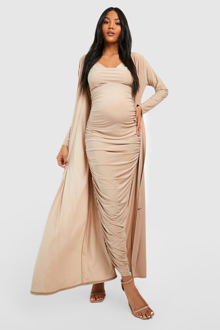 Stone beige Maternity Maxi Strappy Cowl Dress And Duster Coat