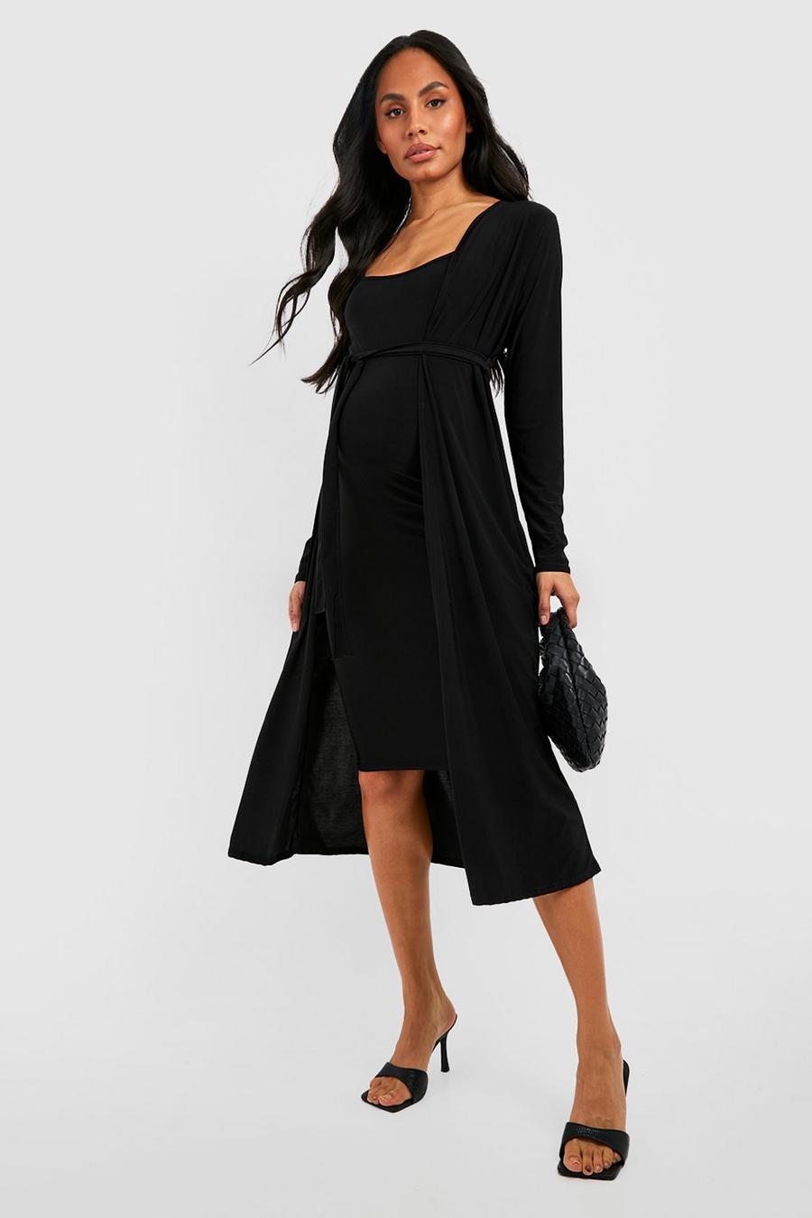 Umstandsmode Kleid mit Wasserfallausschnitt und Gürtel & Duster-Mantel, Black image number 1