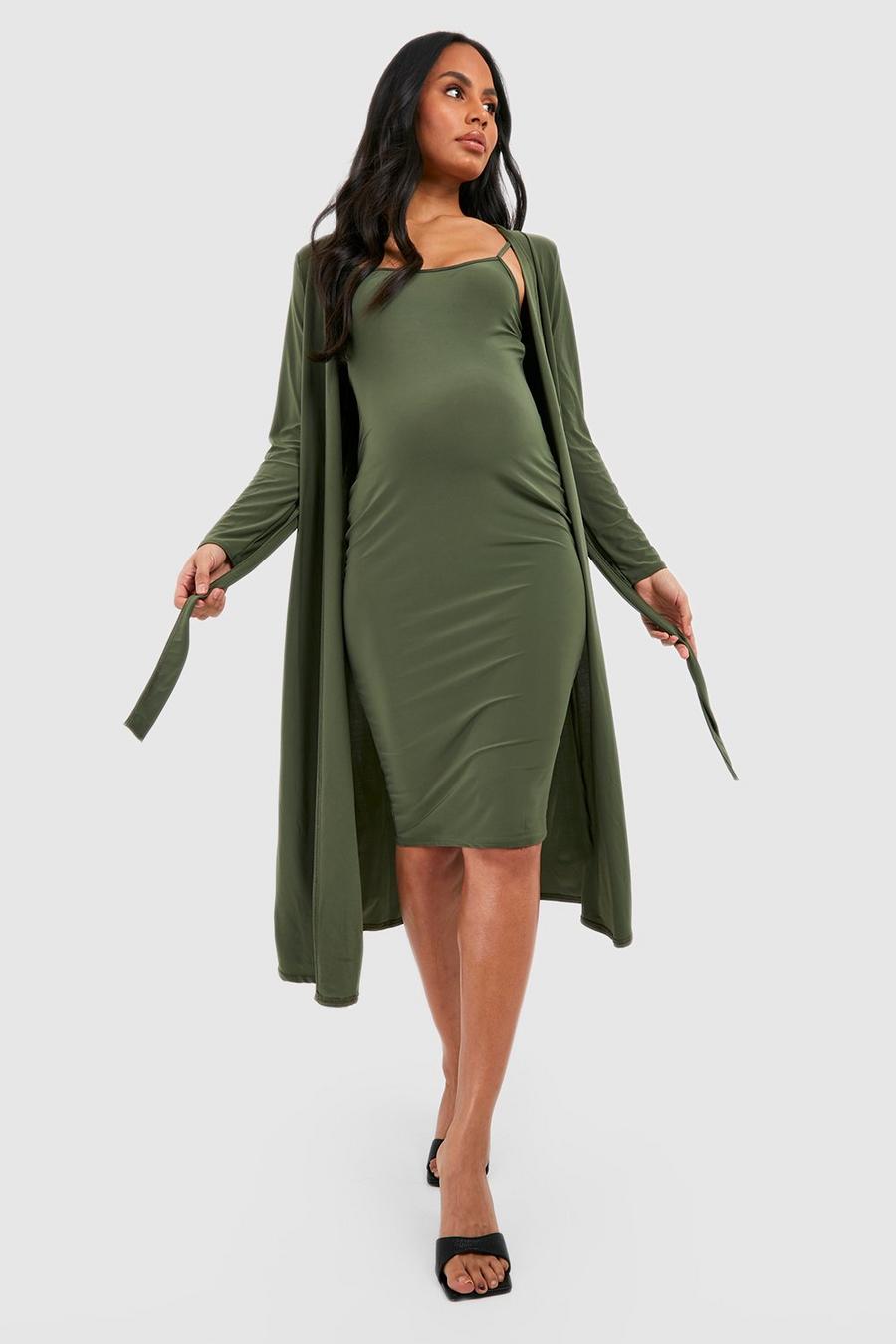 Umstandsmode Kleid mit Wasserfallausschnitt und Gürtel & Duster-Mantel, Khaki image number 1