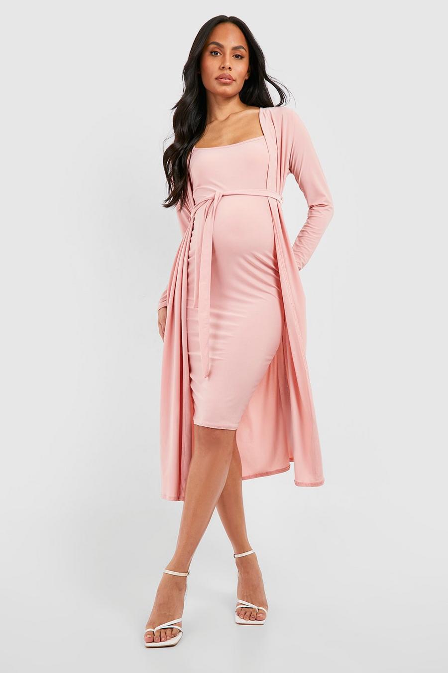 Umstandsmode Kleid mit Wasserfallausschnitt und Gürtel & Duster-Mantel, Rose rosa image number 1