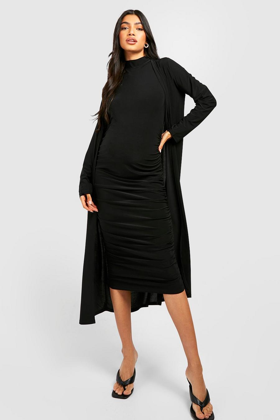 Umstandsmode Kleid mit Trichterkragen und Duster-Mantel, Black schwarz
