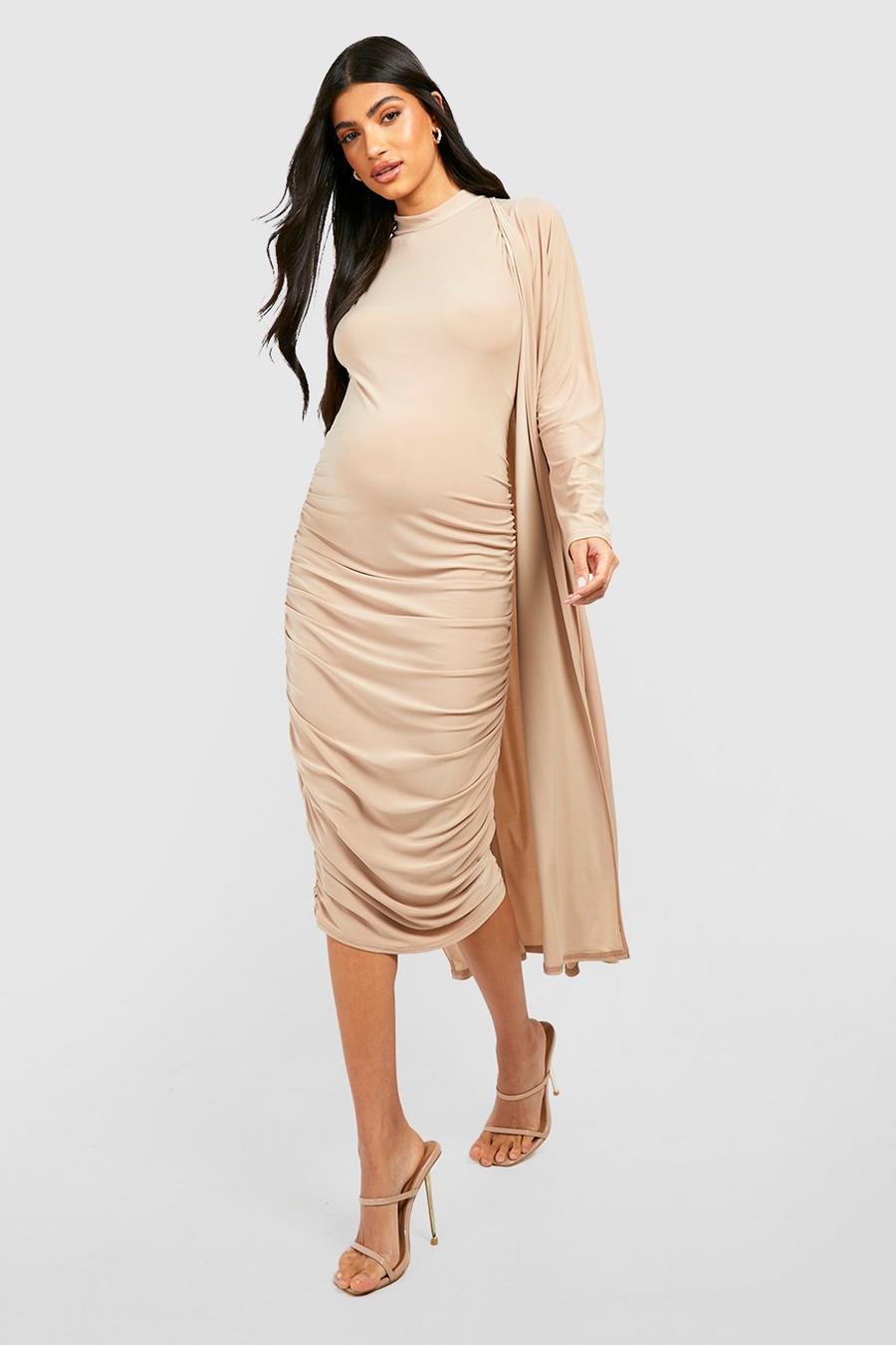 Stone beige Maternity Funnel Neck Dress And Duster Coat