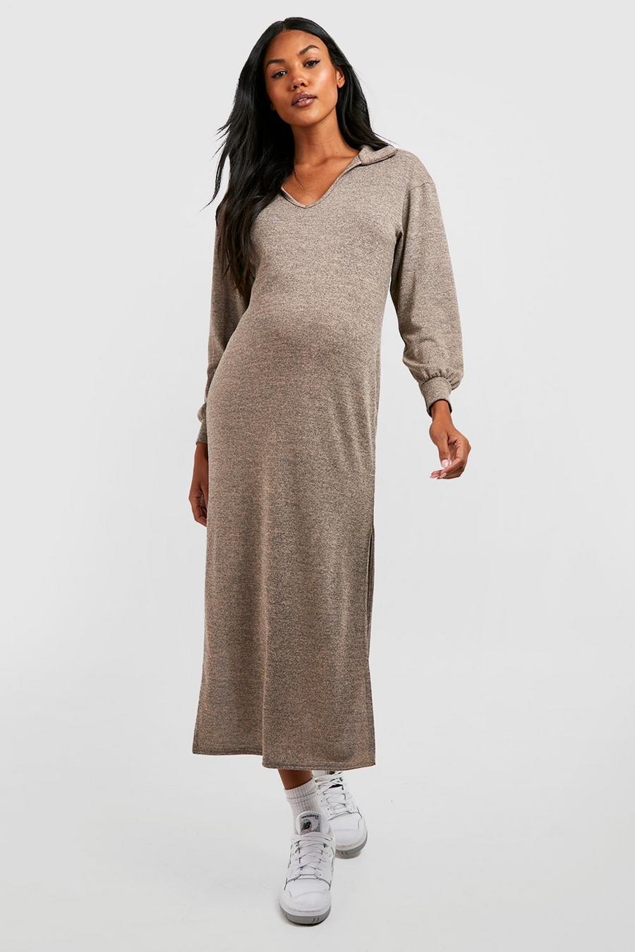 Oatmeal beige Maternity Melange Knit Polo Collar Midi Dress image number 1