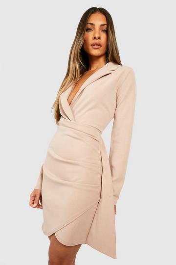 Stone Beige Wrap Detail Fitted Blazer Dress