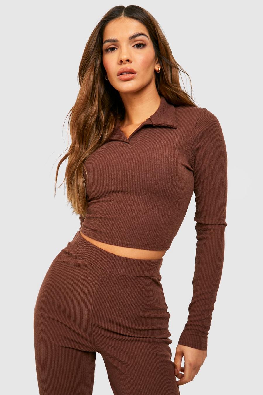 Chocolate Ribbed Long Sleeve Polo Top image number 1