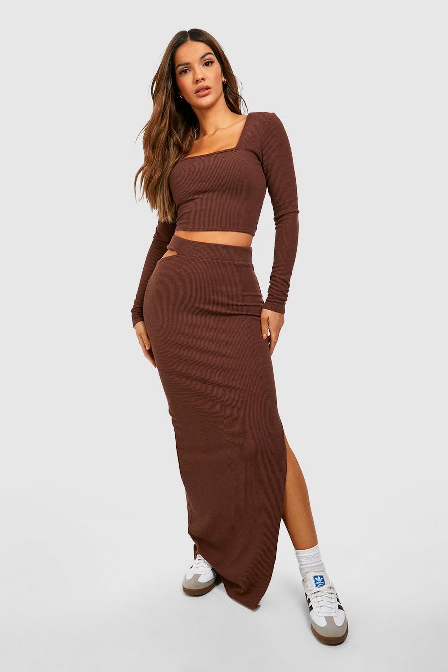 Chocolate brown Ribbed Square Neck Long Sleeve Cropped Top